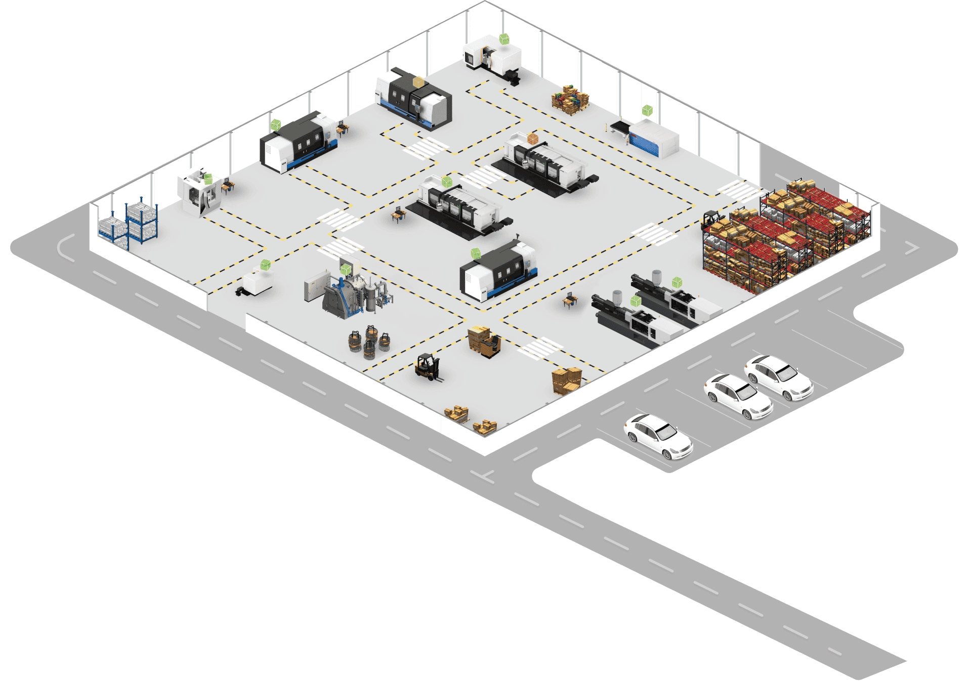 Vista isométrica de la plataforma Eris, mostrando su estructura para la gestión de producción.