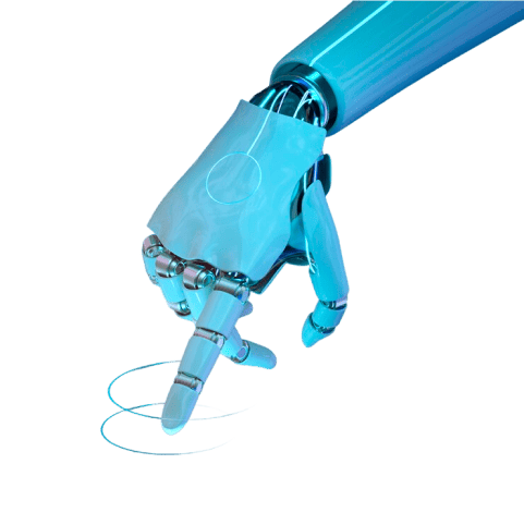 Un brazo de un robot azul tocando una pantalla.