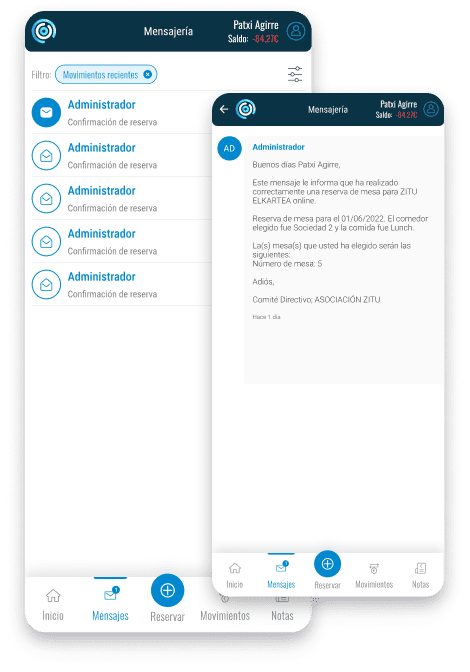 Pantalla de Sogest mostrando la mensajería de reservas, permitiendo la comunicación entre usuarios.