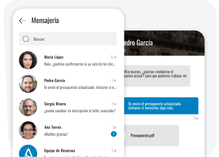 Pantalla de mensajería de Aiora mostrando las opciones de comunicación en tiempo real.