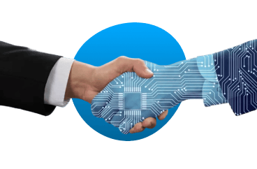 Robot dando la mano a persona con traje sobre círculo azul y fondo blanco.