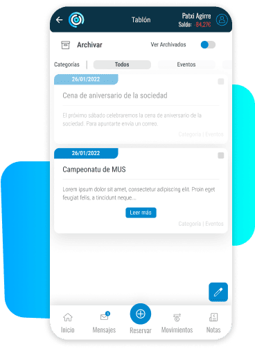 Pantalla de Sogest mostrando el tablón de anuncios relacionado con las reservas en el sistema.