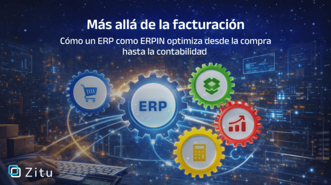 Infografía que muestra cómo un ERP como ERPIN optimiza procesos empresariales, desde la compra hasta la contabilidad, con íconos representativos de compras, inventario, ERP, y finanzas