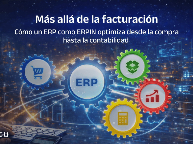 Infografía que muestra cómo un ERP como ERPIN optimiza procesos empresariales, desde la compra hasta la contabilidad, con íconos representativos de compras, inventario, ERP, y finanzas