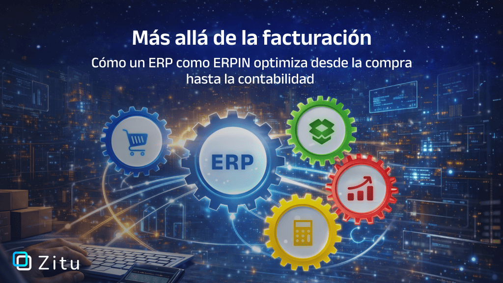 Infografía que muestra cómo un ERP como ERPIN optimiza procesos empresariales, desde la compra hasta la contabilidad, con íconos representativos de compras, inventario, ERP, y finanzas