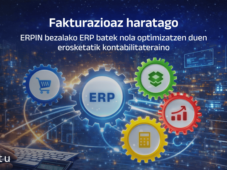 ERPIN bezalako ERP batek enpresa-prozesuak nola optimizatzen dituen erakusten duen infografia, erosketatik kontabilitateraino, erosketen, inbentarioaren, ERPren eta finantzen ikono adierazgarriekin